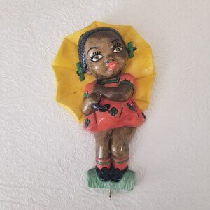 Vtg 7" Black Americana Chalkware Girl With Umbrella in Pink Dress Wall Hang